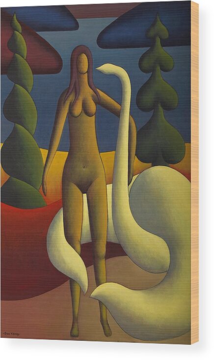 Nude In Landscape By Lake With Swan Wood Print featuring the painting Adel with swan by Alan Kenny