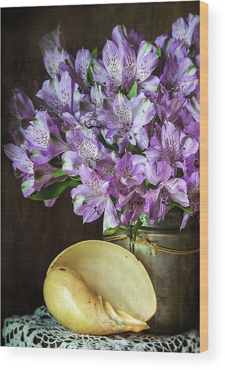 Alstroemeria Wood Print featuring the photograph Alstroemeria with Seashell by Cindi Ressler