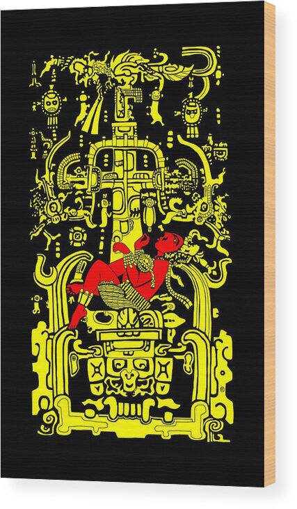 Ancient Wood Print featuring the digital art Ancient Astronaut Yellow and Red version by Piotr Dulski