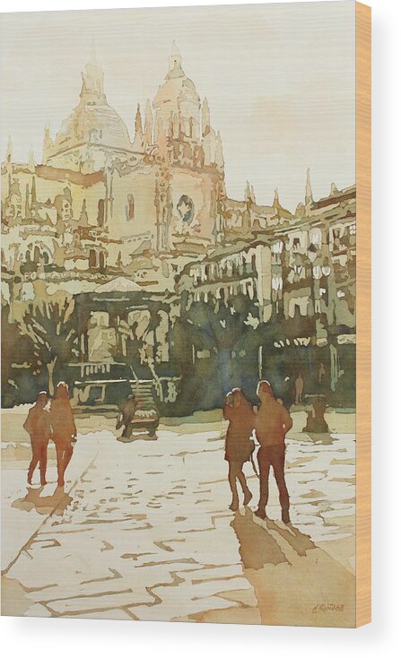 Segovia Wood Print featuring the painting April on the Plaza Mayor by Jenny Armitage