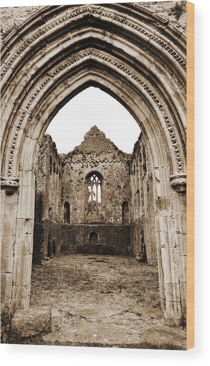 Athassel Wood Print featuring the photograph Athassel Priory Tipperary Ireland Medieval Ruins Decorative Arched Doorway Into Great Hall Sepia by Shawn O'Brien