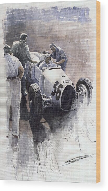 Auto Wood Print featuring the painting Auto Union B type 1935 Italian GP Monza B Rosermeyer by Yuriy Shevchuk