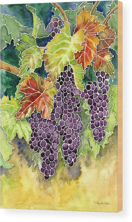 Cabernet Sauvignon Grapes Wood Print featuring the painting Autumn Vineyard in its Glory - Batik Style by Audrey Jeanne Roberts