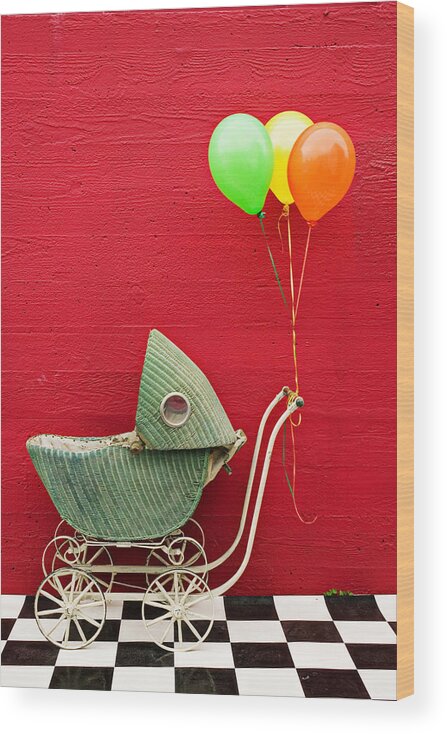 Baby Buggy Wood Print featuring the photograph Baby buggy with red wall by Garry Gay