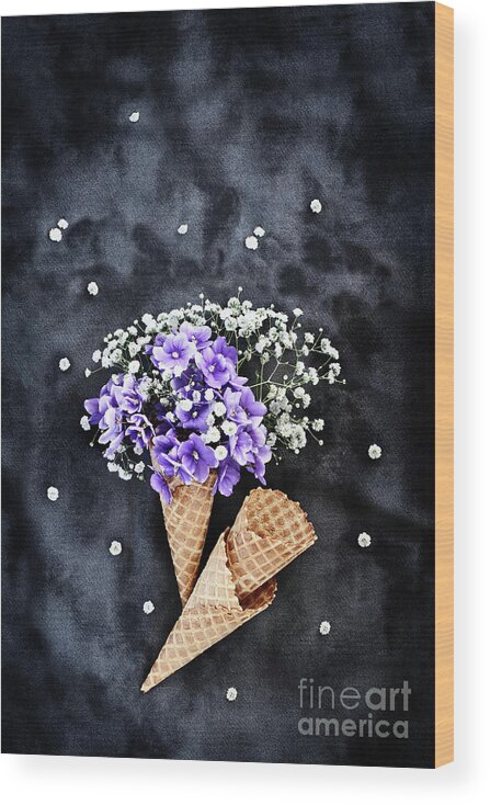 Still Life Wood Print featuring the photograph Baby's Breath and Violets Ice Cream Cones by Stephanie Frey