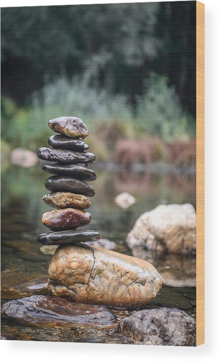 Zen Stones Wood Print featuring the photograph Balancing Zen Stones In Countryside River I by Marco Oliveira
