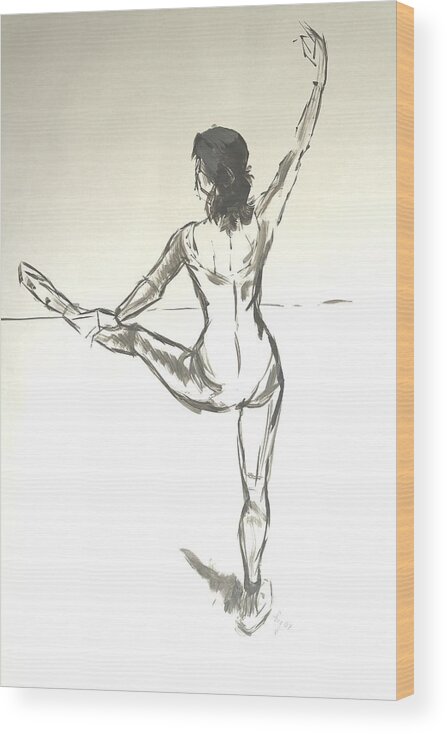  Wood Print featuring the drawing Ballet Dancer With Left Leg On Bar by Mike Jory