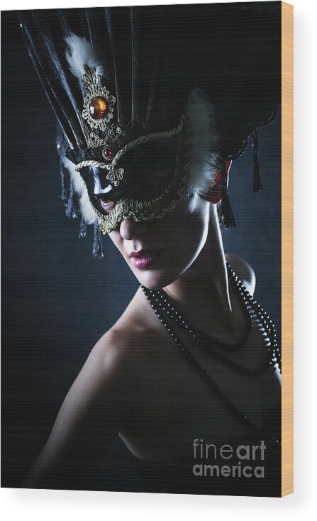 Fashion Wood Print featuring the photograph Beauty model wearing venetian masquerade carnival mask by Dimitar Hristov
