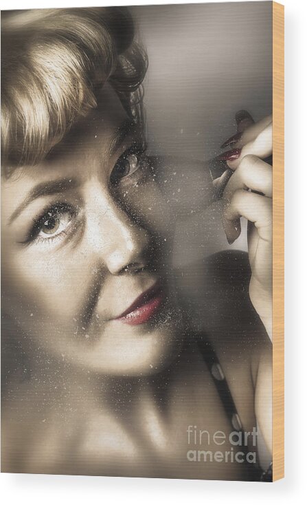 Makeup Wood Print featuring the photograph Beauty pin-up woman applying makeup by Jorgo Photography