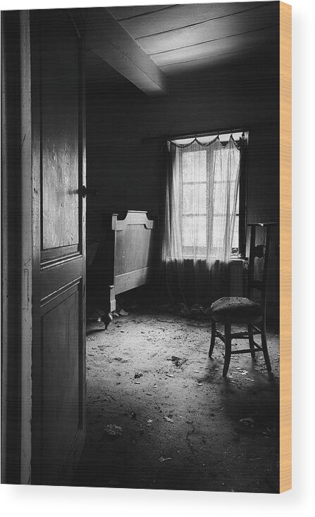 Bed Room Wood Print featuring the photograph Bed Room Chair - Abandoned Building by Dirk Ercken