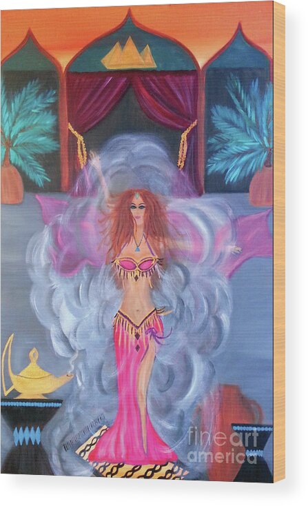 Belly Dance Wood Print featuring the painting Belly Dance Genie by Artist Linda Marie