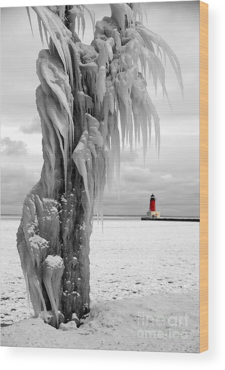 Lighthouse Ann Arbor Park Wood Print featuring the photograph Beyond the Ice Reaper's Grasp - Menominee North Pier Lighthouse by Mark J Seefeldt