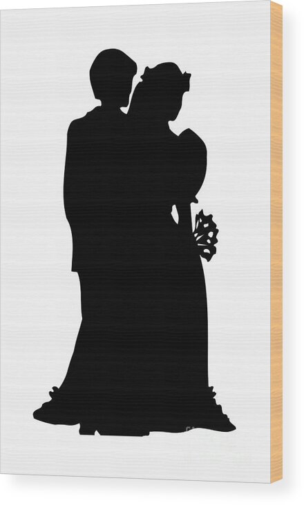 Black And White Silhouette Of A Bride And Groom Wood Print featuring the digital art Black and White Silhouette of a Bride and Groom by Rose Santuci-Sofranko