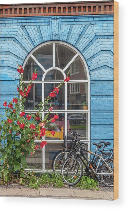 Copenhagen Wood Print featuring the photograph Blue Brick Wall with Bicycles by W Chris Fooshee