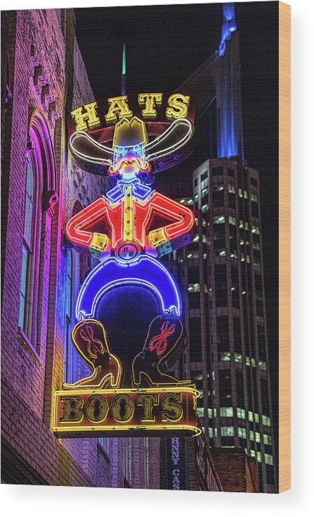 Boots And Hats Neon Sign Wood Print featuring the photograph Boots and Hat Neon Sign by Josh Bryant