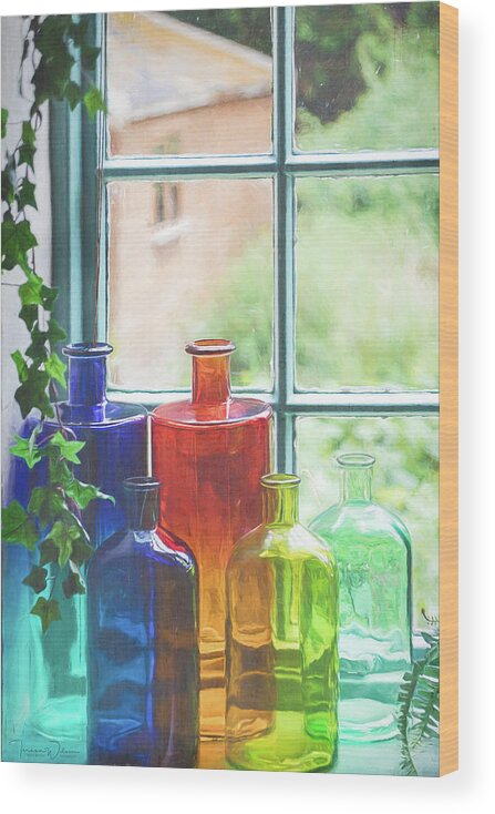 Blue Wood Print featuring the photograph Bottles in the Window Vertical by Teresa Wilson