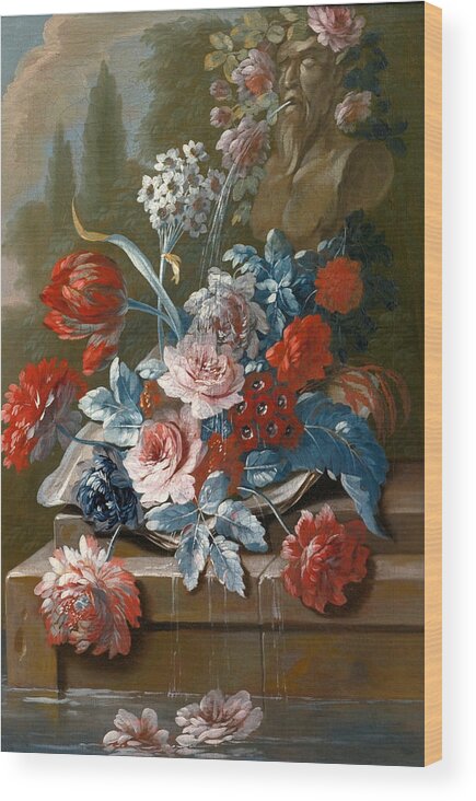 Mary Moser Wood Print featuring the painting Bouquets of Flowers on a Ledge above Water by Mary Moser