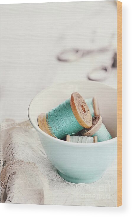Vintage Wood Print featuring the photograph Bowl of Vintage Spools of Thread by Stephanie Frey