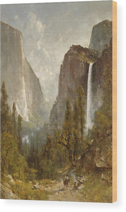 Thomas Hill Wood Print featuring the painting Bridal Veil Falls. Yosemite Valley by Thomas Hill