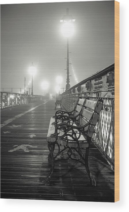 Brooklyn Bridge; Bench; Weather; Rain; Fog; Cold; People Wood Print featuring the photograph Brooklyn Bridge and Bench, Study 2 by Randy Lemoine