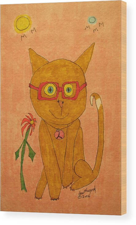 Hagood Wood Print featuring the painting Brown Cat With Glasses by Lew Hagood