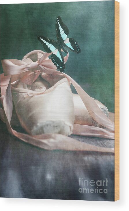 Ballerina Wood Print featuring the photograph Butterfly and Ballerina Pointe Shoes by Stephanie Frey