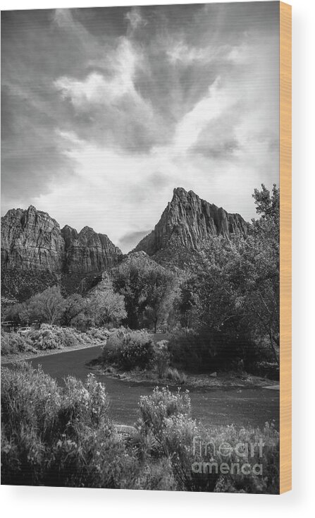 Zion National Park Wood Print featuring the photograph BW Zion National Park USA by Chuck Kuhn