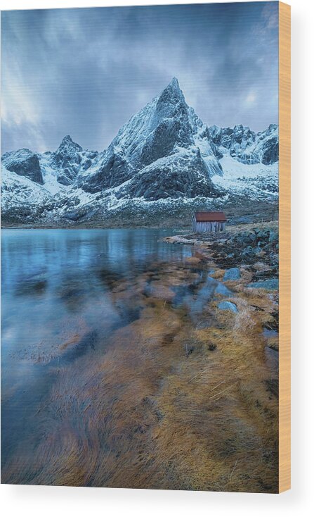 Sky Wood Print featuring the photograph Cabin and Mountains in Norway by Roberta Kayne