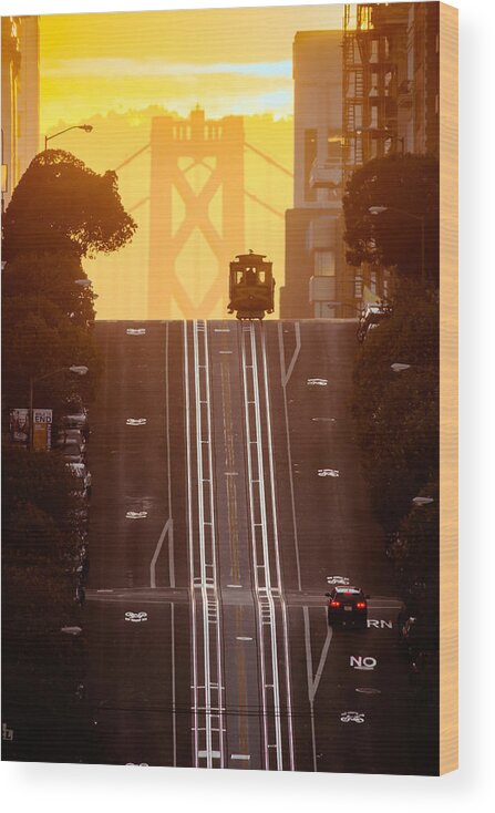 Cable Car California Street Sunrise Colors Bay Bridge Wood Print featuring the photograph Cable car by David Yu