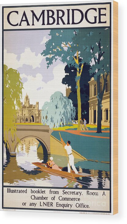Vintage Travel Wood Print featuring the painting Cambridge Vintage Travel Poster Restored by Vintage Treasure
