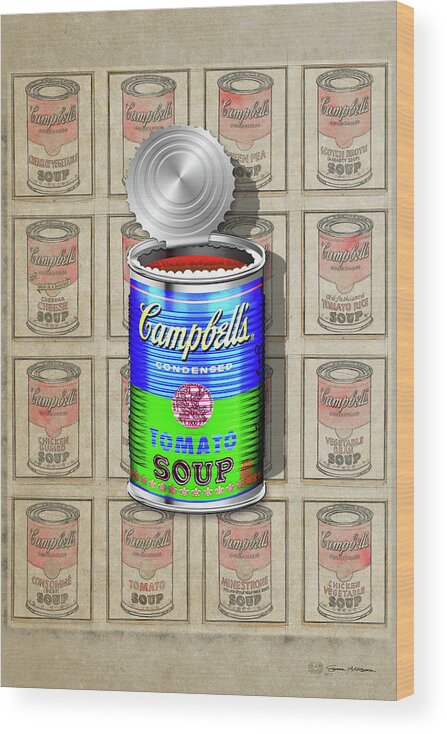 'visual Art Pop' Collection By Serge Averbukh Wood Print featuring the digital art Campbell's Soup Revisited - Blue and Green by Serge Averbukh