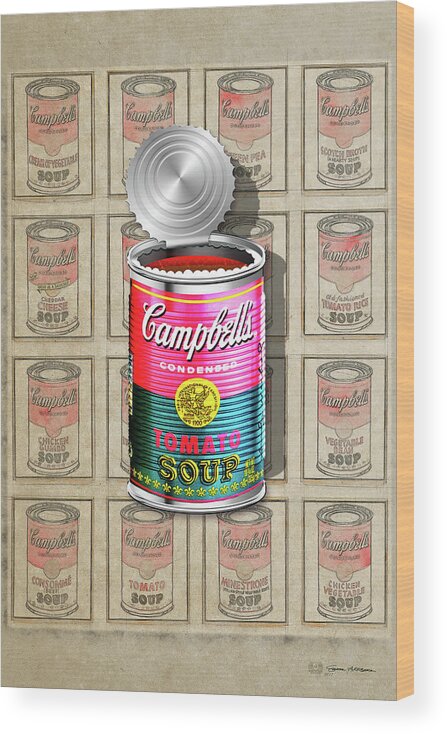 'visual Art Pop' Collection By Serge Averbukh Wood Print featuring the digital art Campbell's Soup Revisited - Pink and Green by Serge Averbukh