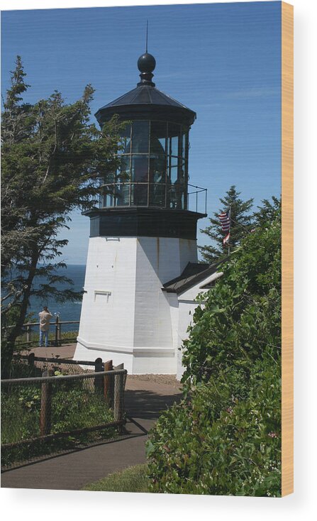 Lighthouse Wood Print featuring the photograph Cape Meares Lighthouse LI 100 by Mary Gaines