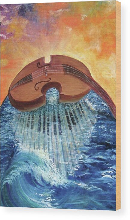 Seascape Wood Print featuring the painting Cello above sunken Piano by Rachel Wollach Asherovitz