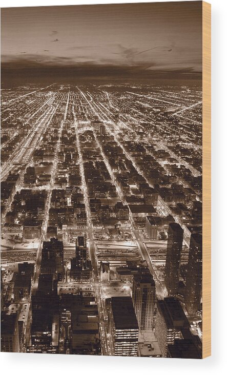 Aerial Wood Print featuring the photograph Chicago City Lights West B W by Steve Gadomski