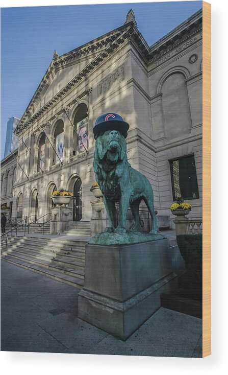 Chicago Wood Print featuring the photograph Chicago's Art Institute with Cubs hat by Sven Brogren