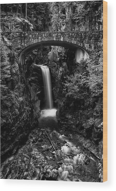 Christine Falls Wood Print featuring the photograph Christine Falls - Mount Rainer National Park - bw by Stephen Stookey