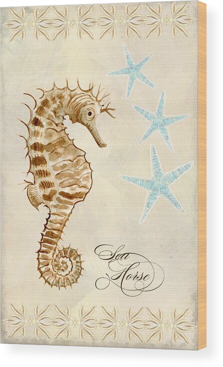 Watercolor Wood Print featuring the painting Coastal Waterways - Seahorse Dance by Audrey Jeanne Roberts