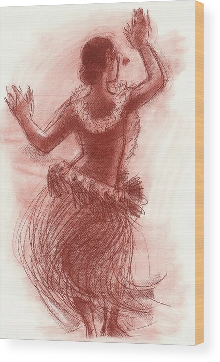 Dance Wood Print featuring the drawing Cook Islands Drum Dancer from the Back by Judith Kunzle