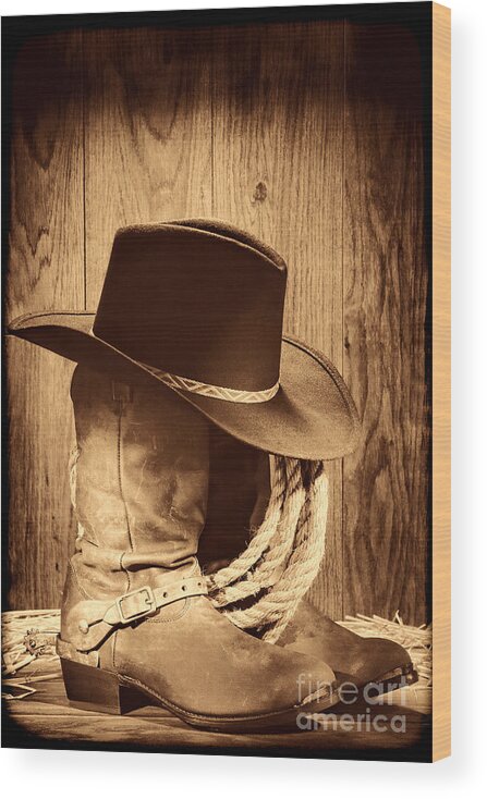 Antique Wood Print featuring the photograph Cowboy Hat on Boots by American West Legend By Olivier Le Queinec