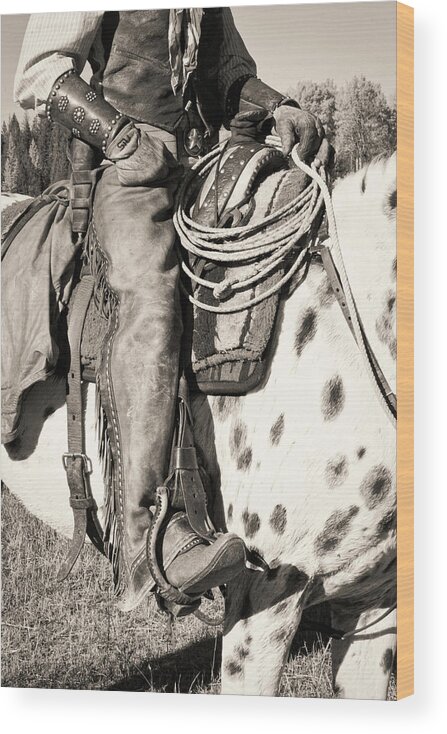 Animal Wood Print featuring the photograph Cowboy on His Mount bw by Jerry Fornarotto