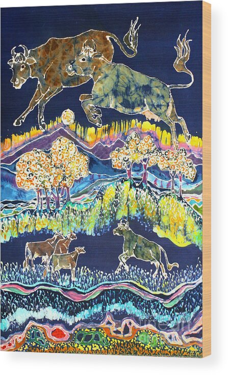  Cow Batik Wood Print featuring the tapestry - textile Cows Jumping Over The Moon by Carol Law Conklin