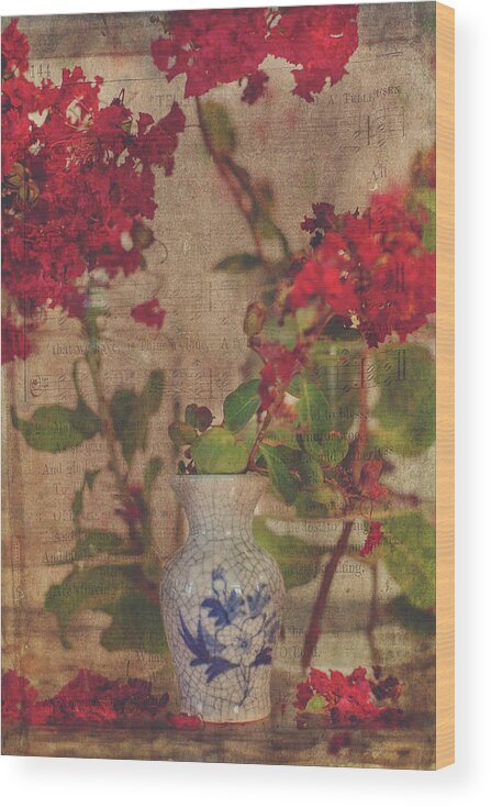 Crapemyrtles Wood Print featuring the photograph Crapemyrtles Blue Vase Still Life by Toni Hopper