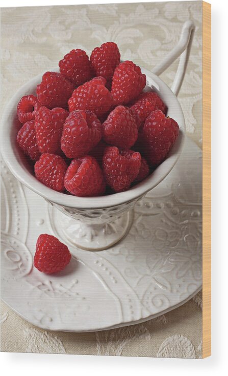 Raspberries Fruit Cup Food Berry Wood Print featuring the photograph Cup full of raspberries by Garry Gay