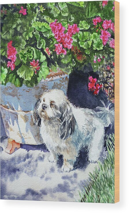 Dog Wood Print featuring the painting Cute Shih Tzu Dog Under Geranium by Irina Sztukowski
