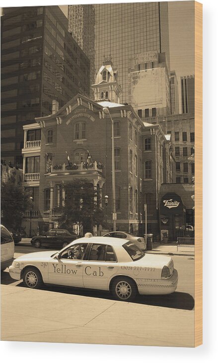 America Wood Print featuring the photograph Denver Downtown with Yellow Cab Sepia by Frank Romeo
