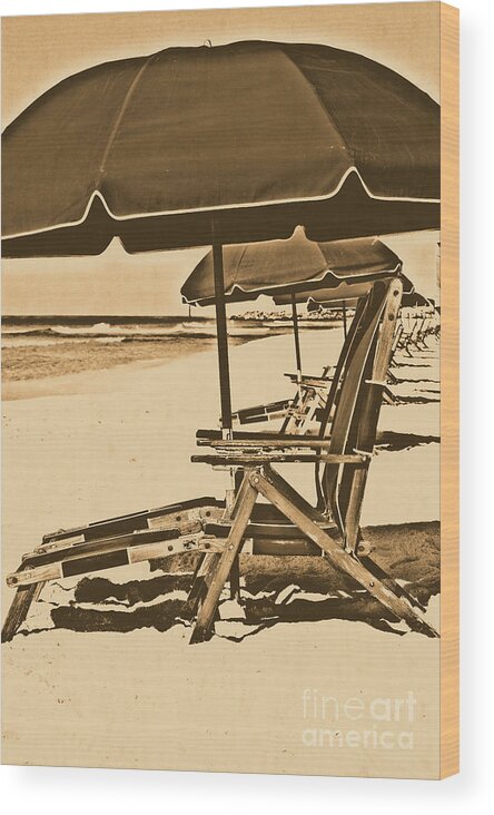 Destin Wood Print featuring the photograph Destin Florida Beach Chairs and Green Umbrella Vertical Rustic Digital Art by Shawn O'Brien