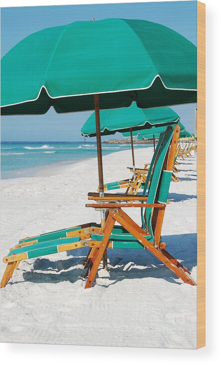 Destin Wood Print featuring the photograph Destin Florida Beach Chairs and Green Umbrella Vertical by Shawn O'Brien