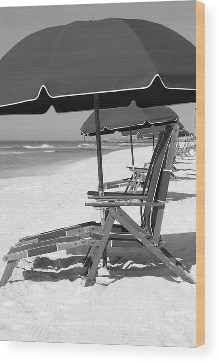 Destin Wood Print featuring the photograph Destin Florida Beach Chairs and Umbrella Vertical Black and White by Shawn O'Brien