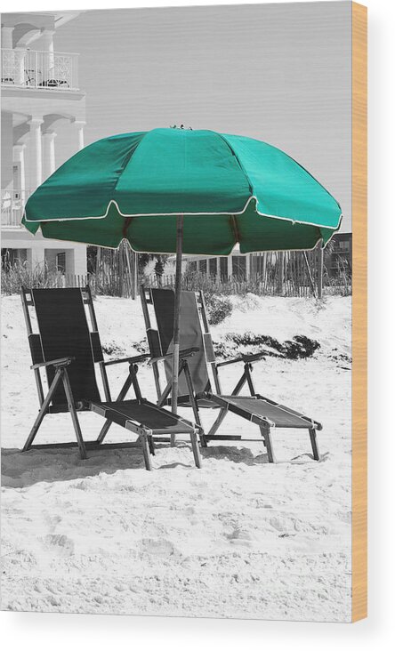 Destin Wood Print featuring the photograph Destin Florida Empty Beach Chair Pair and Green Umbrella Vertical Color Splash Digital Art by Shawn O'Brien